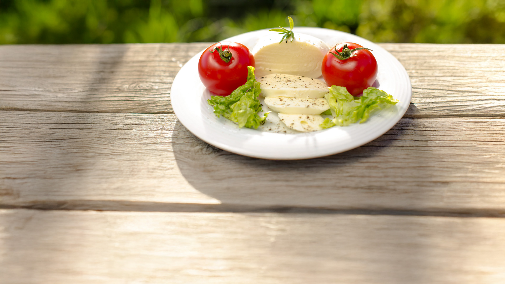 piatto di mozzarella con 2 pomodori su tavolo di legno, contesto natura